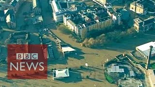 UK floods Aerial view of floods in Yorkshire and Lancashire  BBC News [upl. by Idieh]