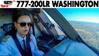 Piloting the quotWomens Dayquot Boeing 777 into Washington  Cockpit Views [upl. by Comyns806]