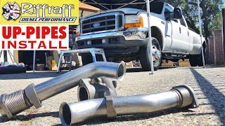 2001 F350 73  RiffRaff UpPipes Install  Stock up pipes leaking and falling apart JUNK SP [upl. by Auqinat]