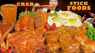 Stick Food Mukbang  Eating Super Spicy Noodles  Chicken Adobo  Fried Crab  Fish Ball  Sausages [upl. by Devon]