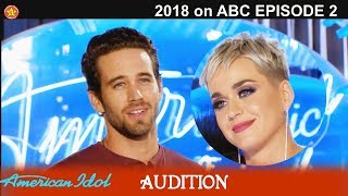 Trevor Holmes construction worker Katy Perry SWOONING BLUSHING Audition American Idol 2018 Episode 2 [upl. by Teevens]