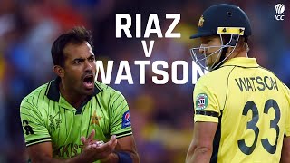 Wahab Riazs fiery spell against Shane Watson  CWC 2015 [upl. by Melinde714]