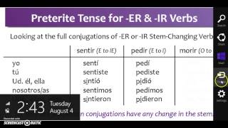 Preterite Tense  StemChanging ER and IR Verbs [upl. by Adleremse175]